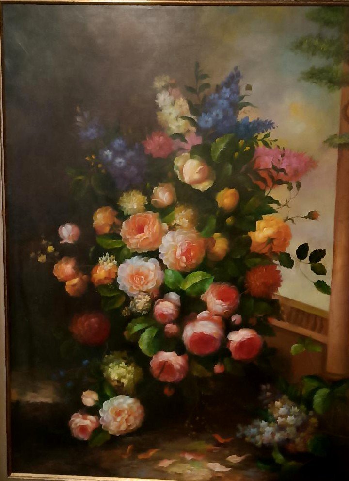 Large Painting - Oil On Canvas - Vase Of Flowers - Signed Arcangelo Monzio Compagnoni-photo-3