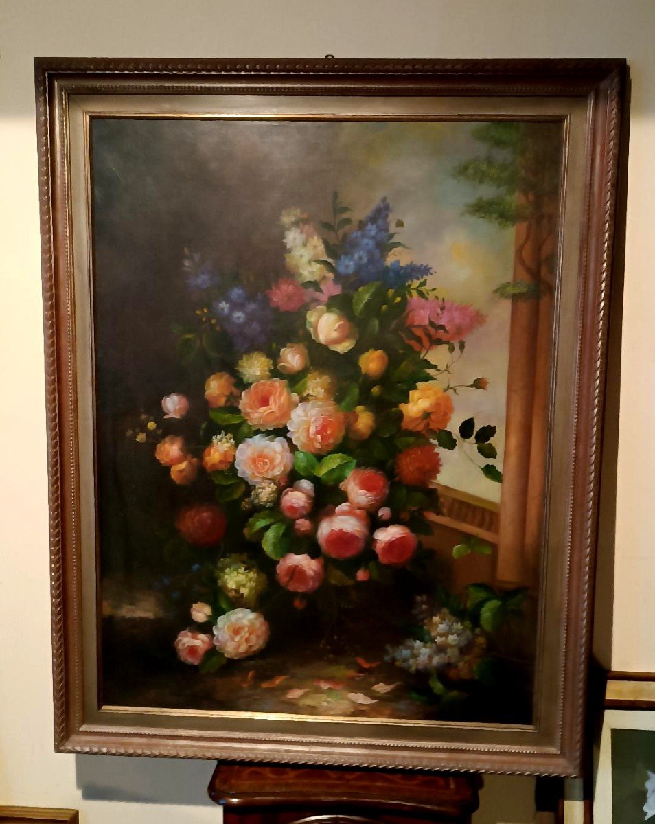 Large Painting - Oil On Canvas - Vase Of Flowers - Signed Arcangelo Monzio Compagnoni