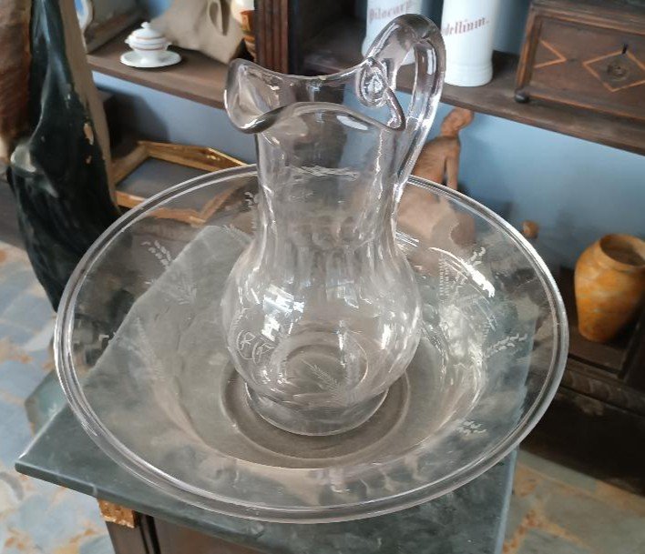 Large Antique Engraved Glass 19th Century Basin Tray With Jug-photo-2