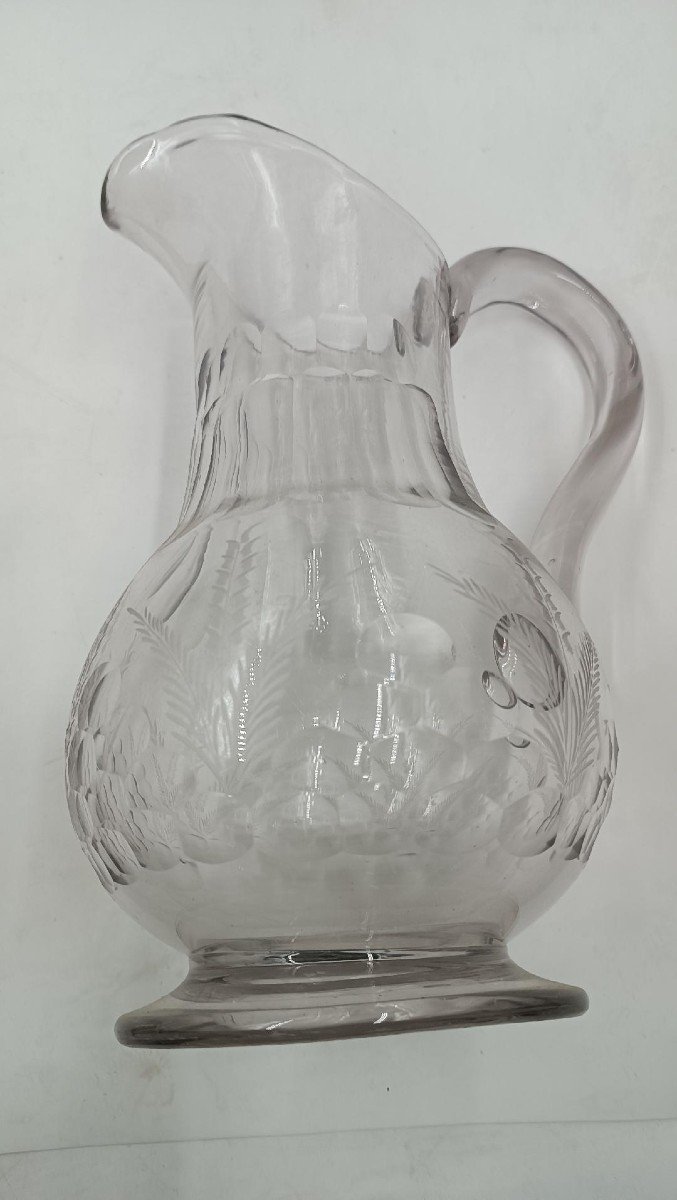 Large Antique Engraved Glass 19th Century Basin Tray With Jug-photo-1