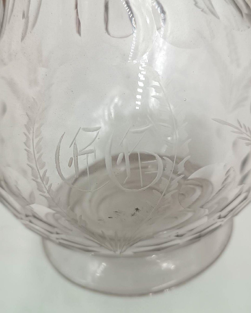 Large Antique Engraved Glass 19th Century Basin Tray With Jug-photo-2