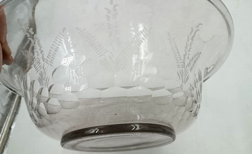 Large Antique Engraved Glass 19th Century Basin Tray With Jug-photo-6