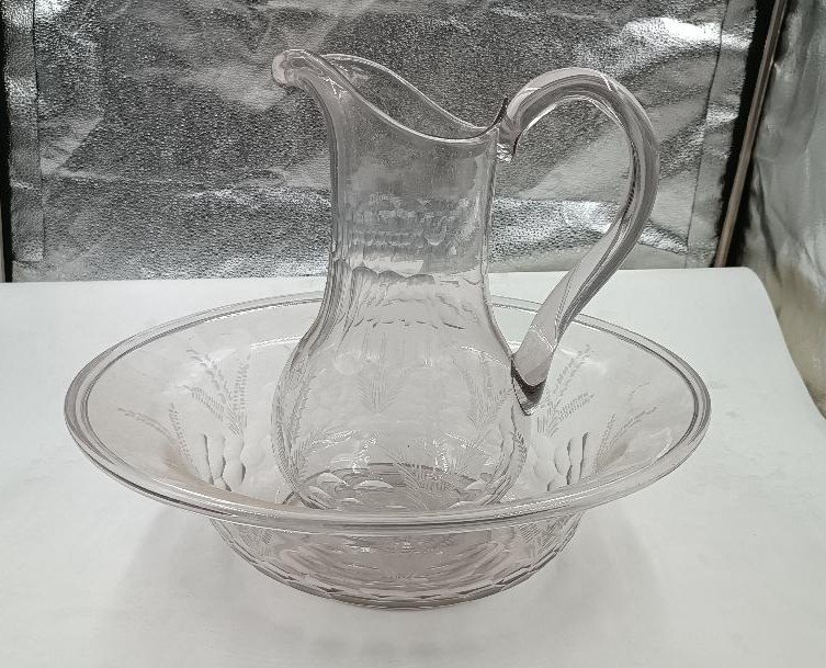 Large Antique Engraved Glass 19th Century Basin Tray With Jug-photo-7