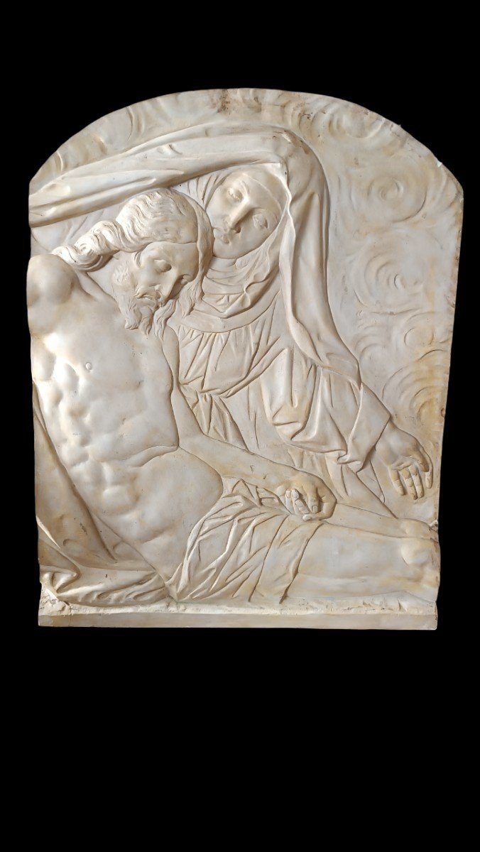 Large Tile Bas-relief Stucco Plaque Madonna With Christ-photo-3