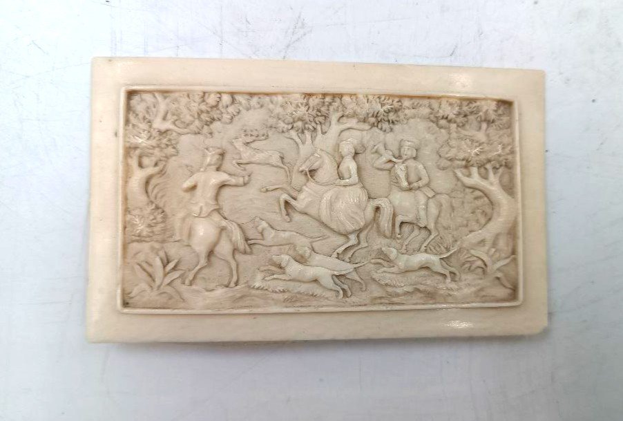 German School Ivory Plaque Hunting Scene 19th Century-photo-2