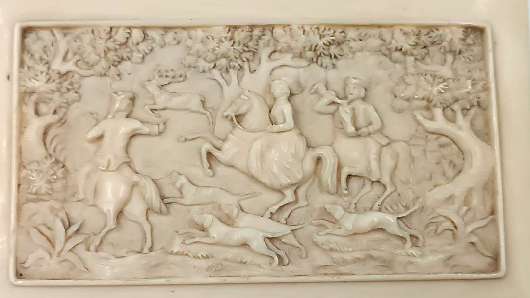 German School Ivory Plaque Hunting Scene 19th Century-photo-3