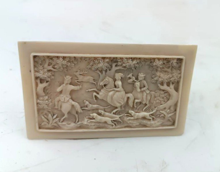 German School Ivory Plaque Hunting Scene 19th Century-photo-2