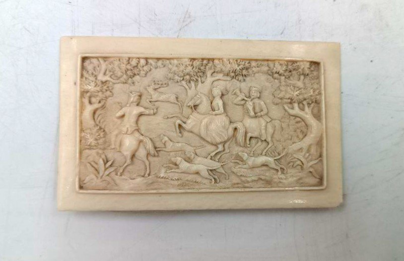 German School Ivory Plaque Hunting Scene 19th Century