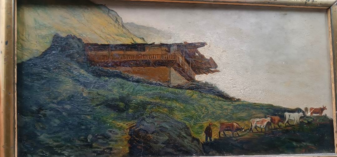 Peinture à l'Huile Ancienne Sur Carton Paysage De Montagne Fin 19ème Siècle Italie-photo-1