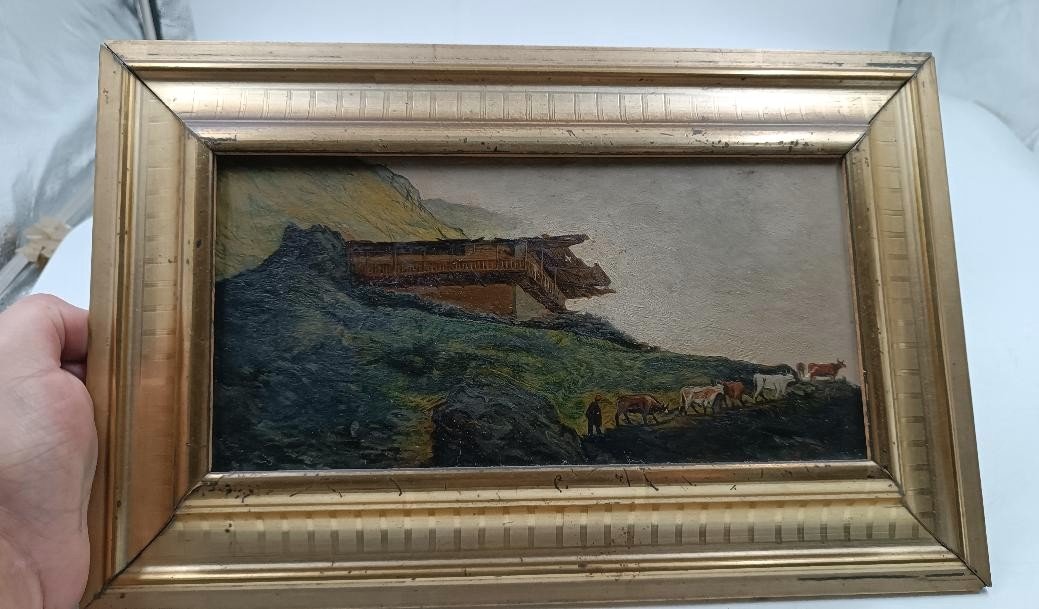 Peinture à l'Huile Ancienne Sur Carton Paysage De Montagne Fin 19ème Siècle Italie