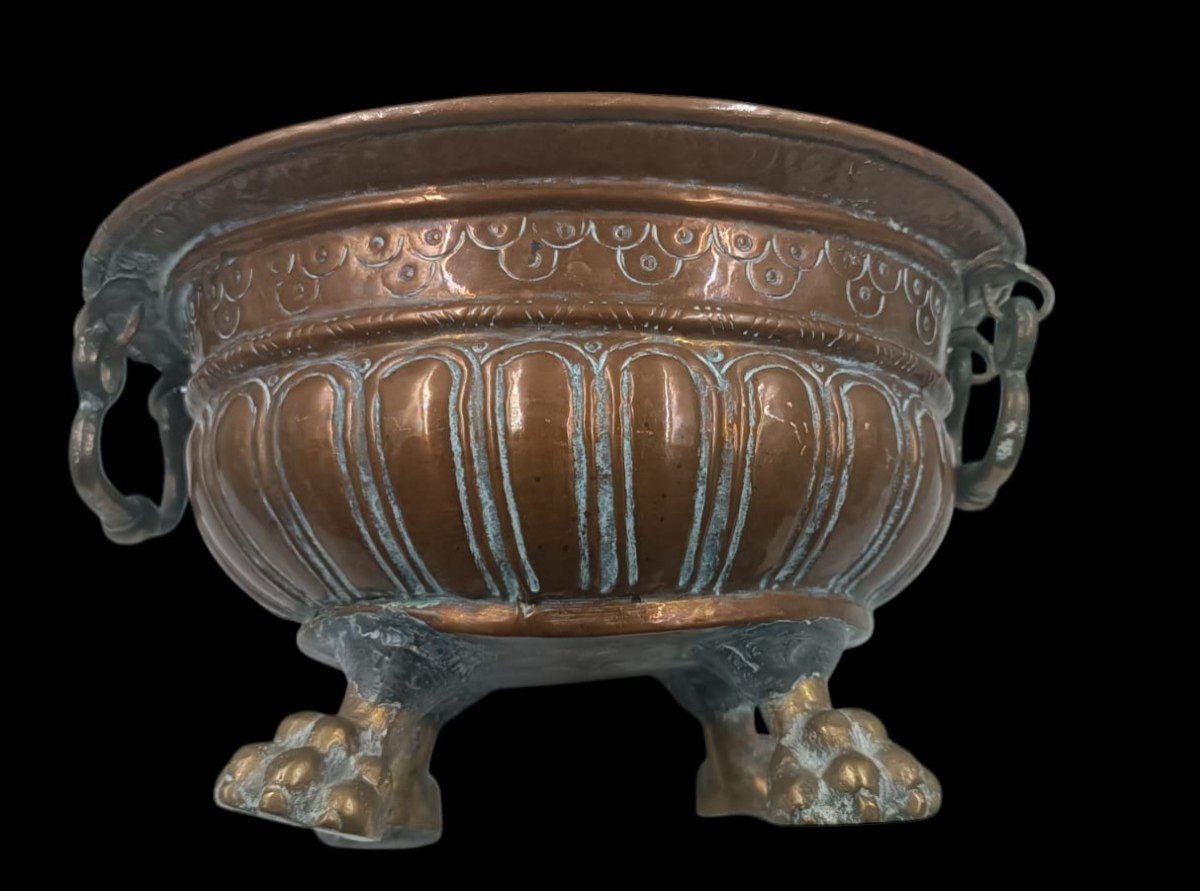 Embossed Copper Basin With Feral Feet Brass Origin Of Tuscany 17th Century-photo-7