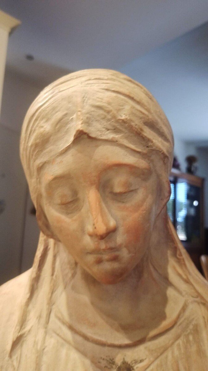 Terracotta Sculpture Bust Virgin Mary Signed A.neri Beginning -photo-1