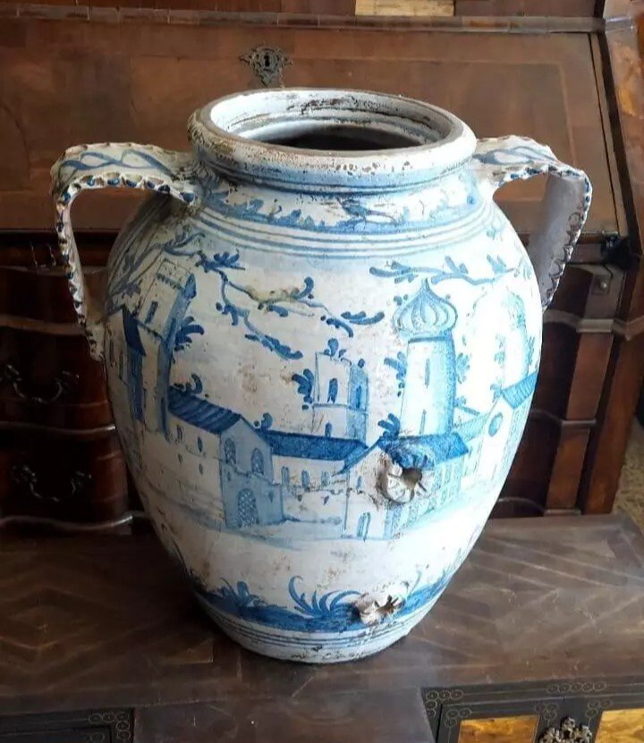 Grand Pot Antique En Majolique De Naples Du 19ème Siècle