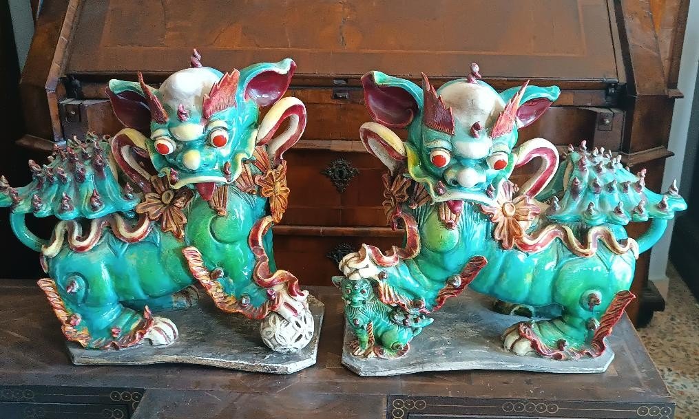 Pair Of Large Glazed Polychrome Ceramic Pho Dogs. China 19th Century-photo-2