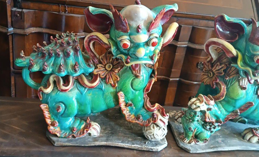 Pair Of Large Glazed Polychrome Ceramic Pho Dogs. China 19th Century-photo-4