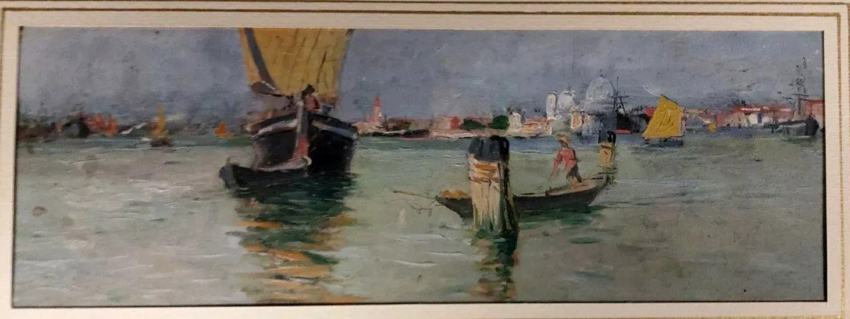 Marine Painting, Venice Lagoon, Oil On Panel, Early 20th Century Italy-photo-2