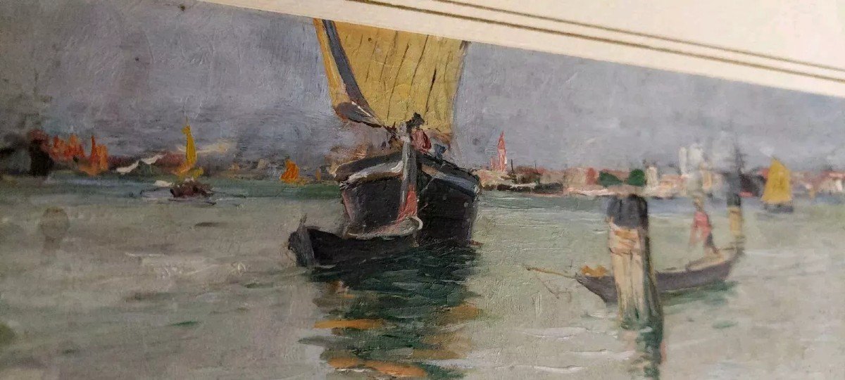 Marine Painting, Venice Lagoon, Oil On Panel, Early 20th Century Italy-photo-4