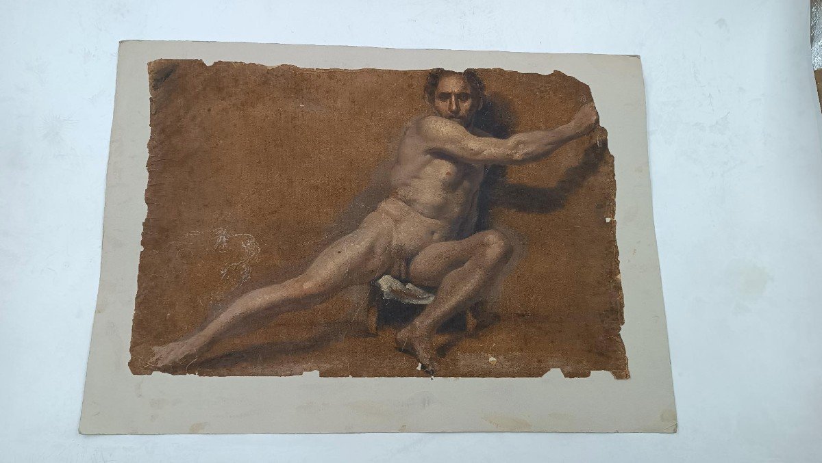 Drawing Mixed Media Parchment Study - Nude Attributed To Adolfo Visconti 1850-1924