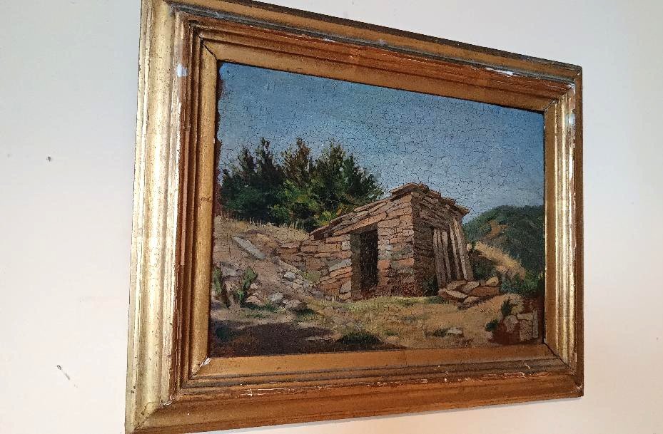 Oil Landscape Painting On Cardboard, Ancient Frame From The Early 1900s-photo-2