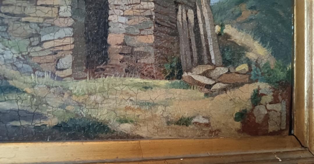 Oil Landscape Painting On Cardboard, Ancient Frame From The Early 1900s-photo-1