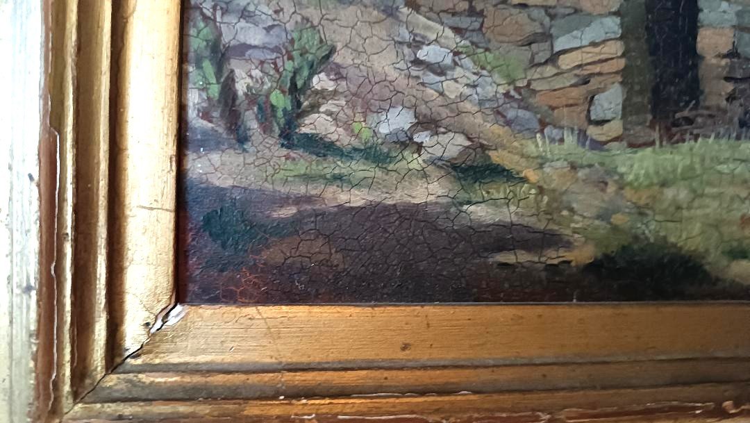 Oil Landscape Painting On Cardboard, Ancient Frame From The Early 1900s-photo-2