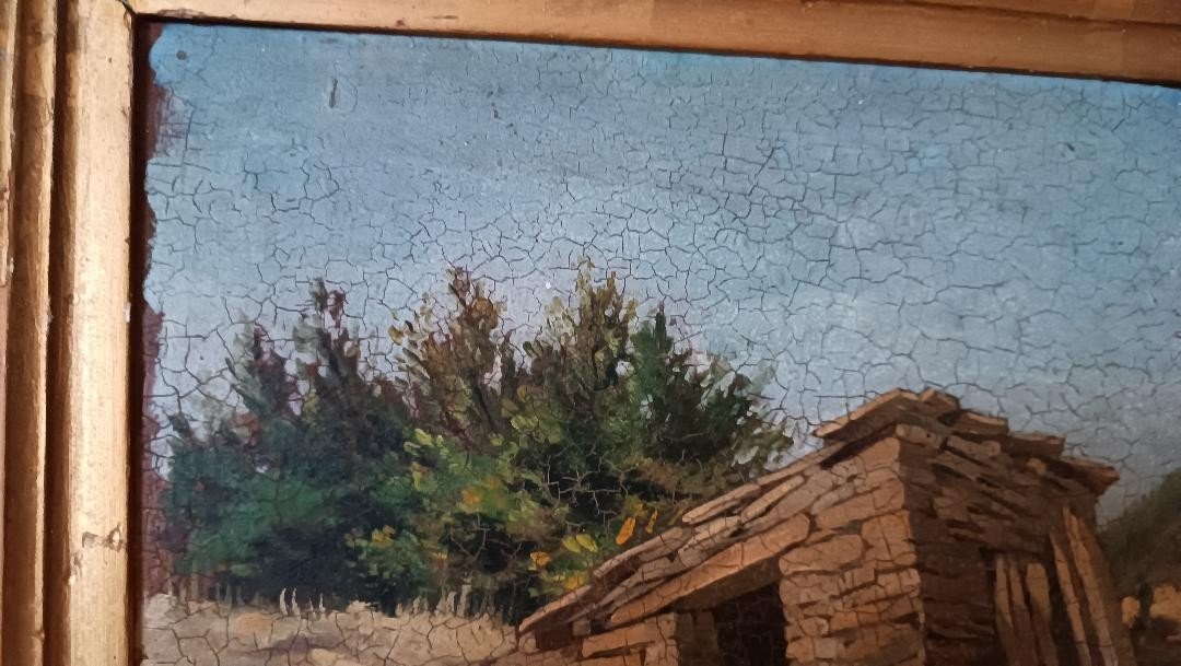 Oil Landscape Painting On Cardboard, Ancient Frame From The Early 1900s-photo-3