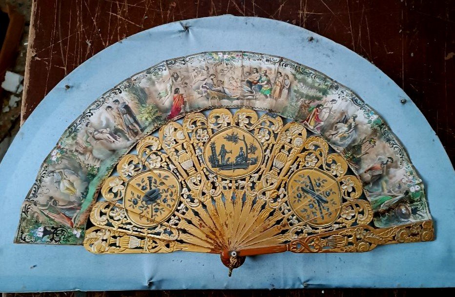 Antique Fan, End Of The 18th Century, Painted Paper And Wood And Gold - Antique Frame-photo-2