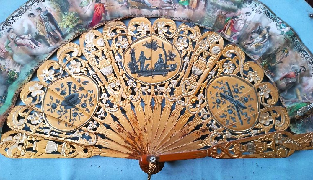 Antique Fan, End Of The 18th Century, Painted Paper And Wood And Gold - Antique Frame-photo-3