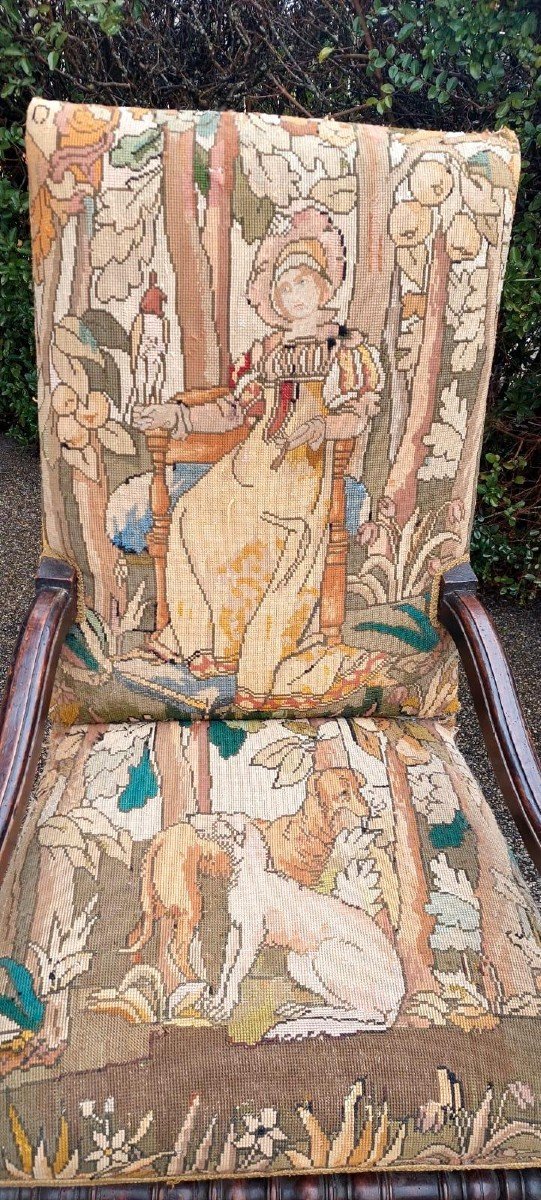 Antique Spool Armchair Baroque France 17th Century Small Stitch Tapestry-photo-2