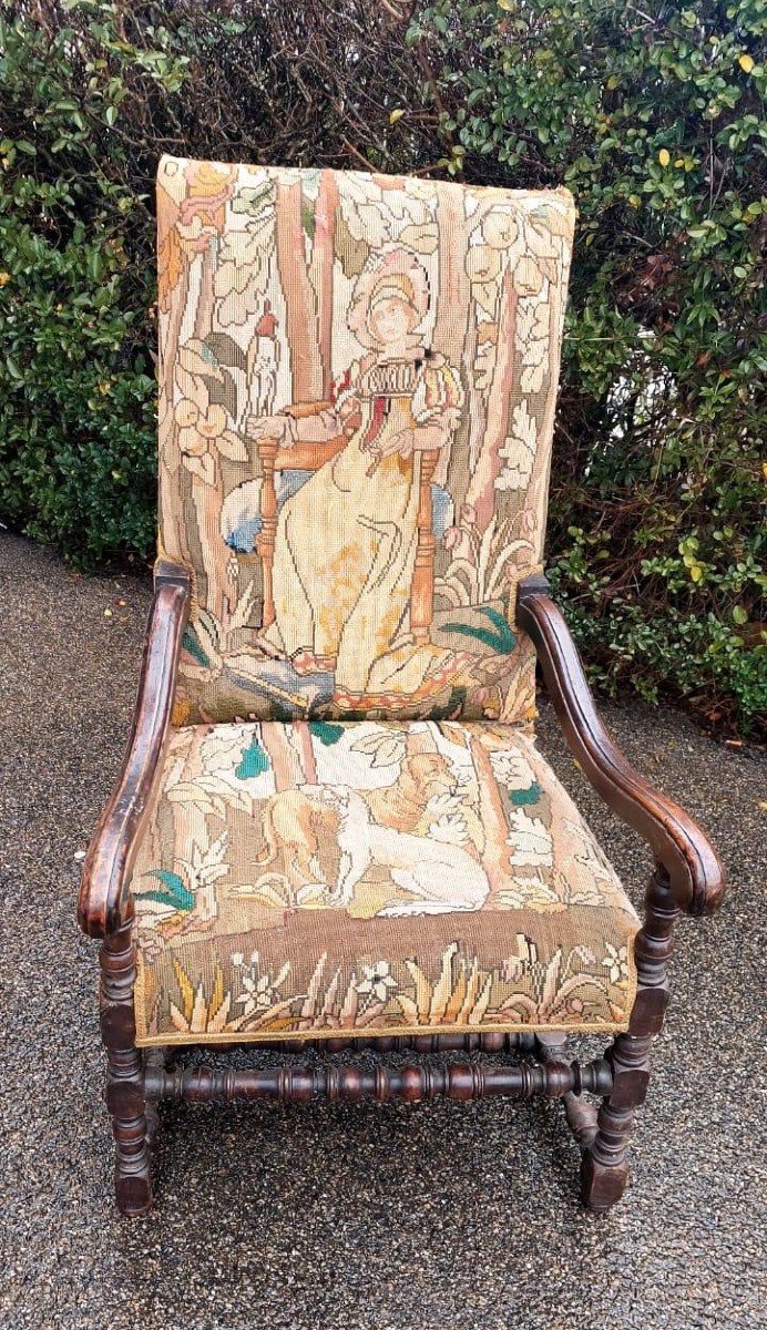 Antique Spool Armchair Baroque France 17th Century Small Stitch Tapestry-photo-3