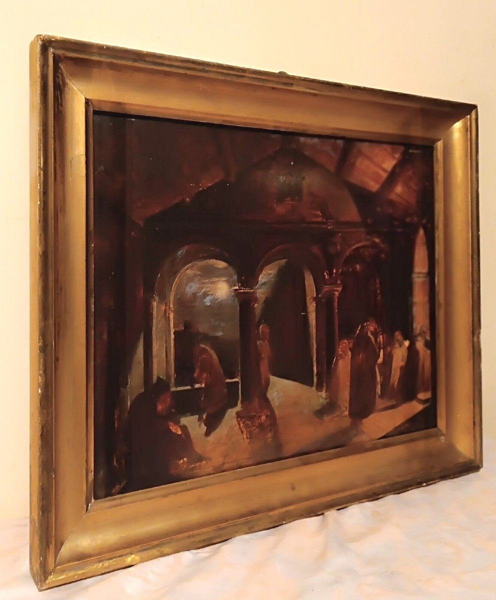 Ancient Painting Large Oil Sketch On Panel Friars Convent 19th Century-photo-2