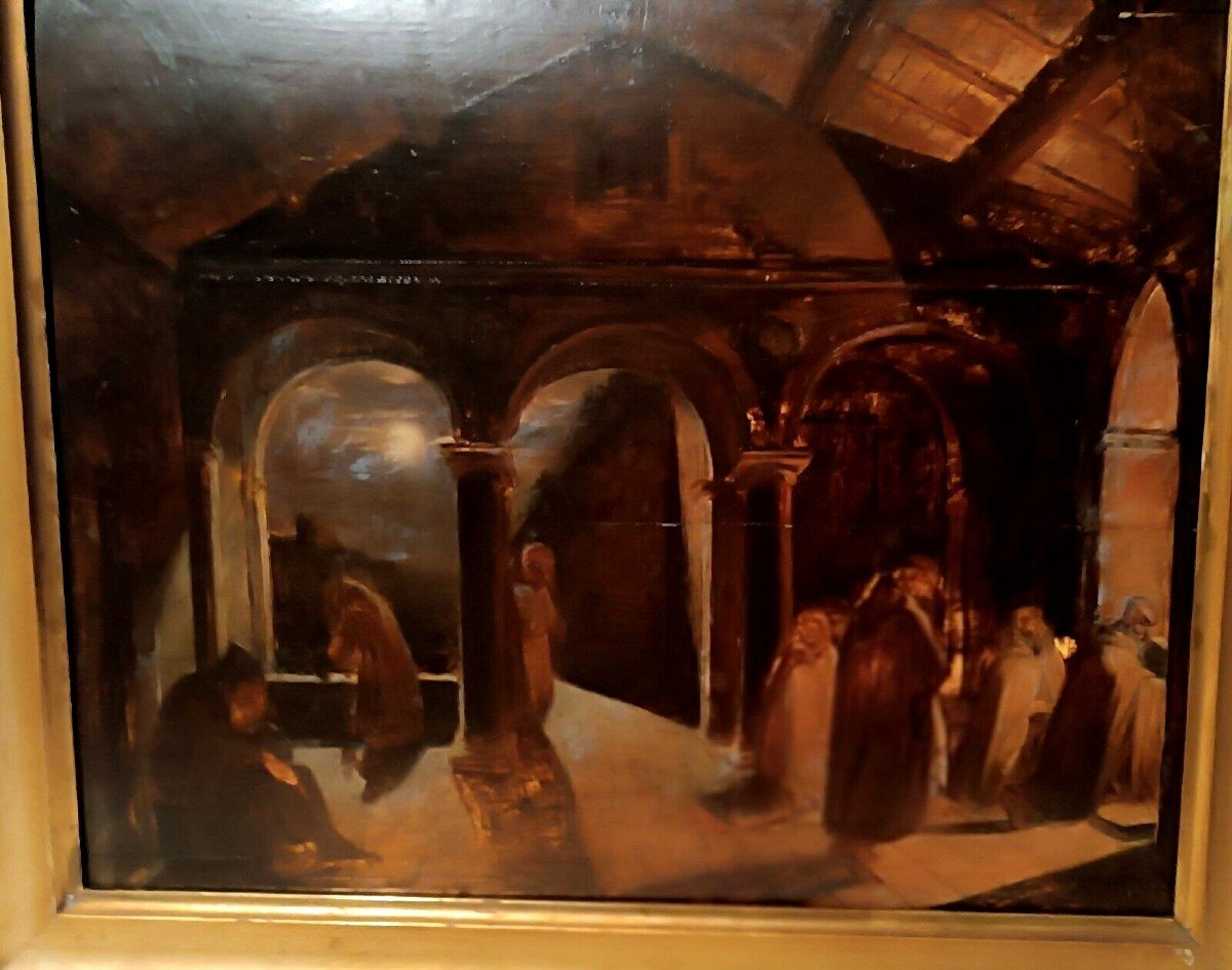 Ancient Painting Large Oil Sketch On Panel Friars Convent 19th Century-photo-3