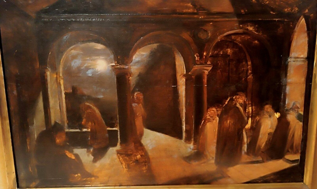 Ancient Painting Large Oil Sketch On Panel Friars Convent 19th Century-photo-4