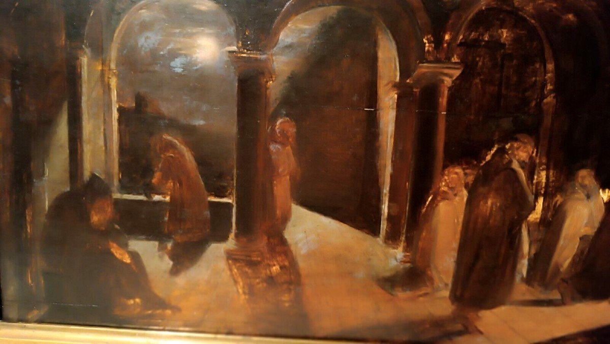 Ancient Painting Large Oil Sketch On Panel Friars Convent 19th Century-photo-1