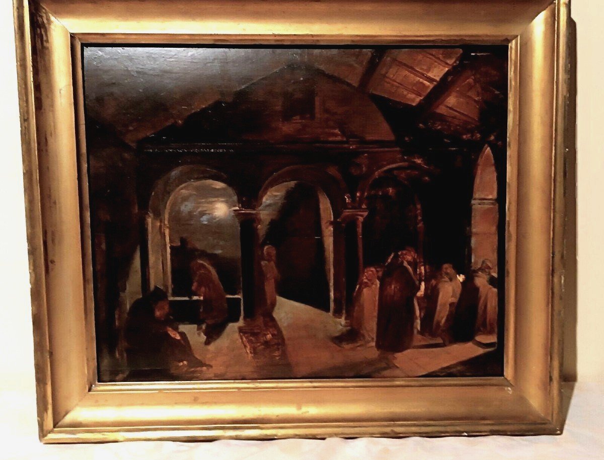 Ancient Painting Large Oil Sketch On Panel Friars Convent 19th Century