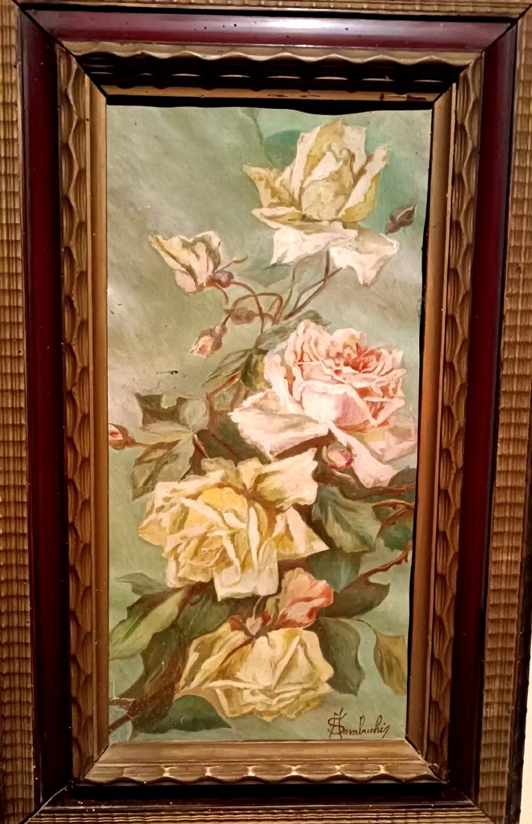 Tableau de la fin du 19ème siècle, signé, roses  67X43-photo-2