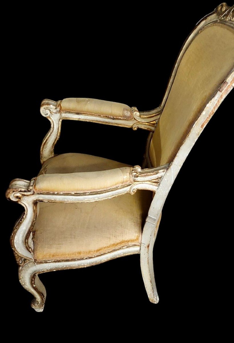 Fauteuil Sculpté En Bois, Laqué Antique Et Doré 19ème Siècle-photo-4