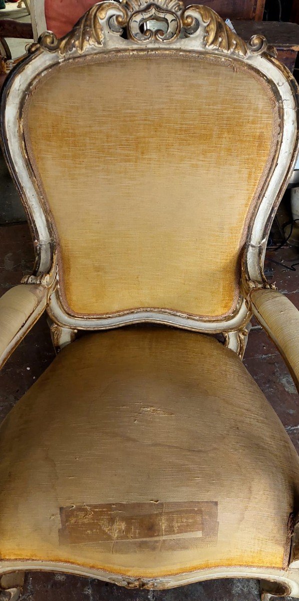 Fauteuil Sculpté En Bois, Laqué Antique Et Doré 19ème Siècle-photo-8