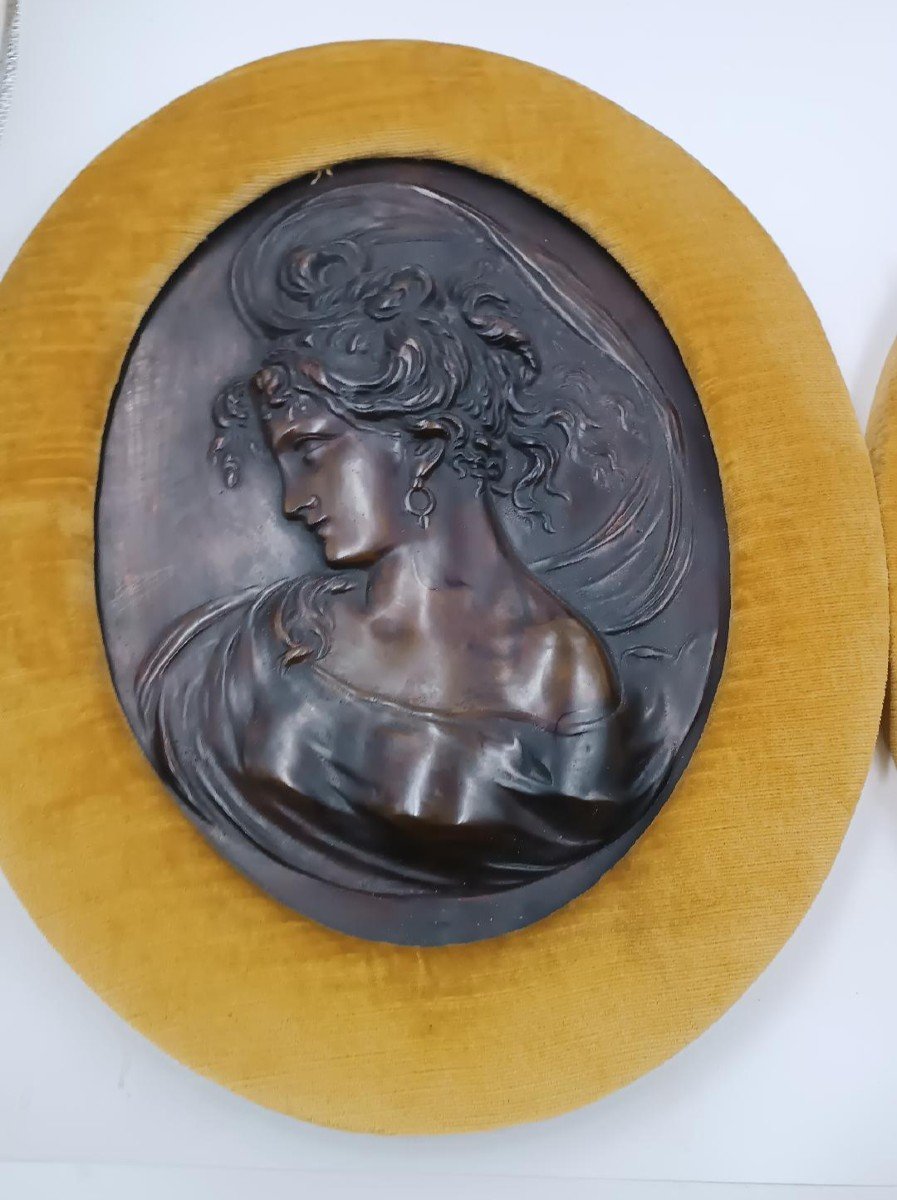 Paire De Reliefs En Bronze Art Nouveau De Visages Féminins-photo-4