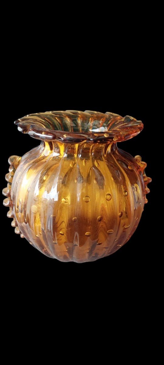 Rare Amber Murano Glass Collector Vase, Barovier Toso, 1950s Venice Italy.-photo-5