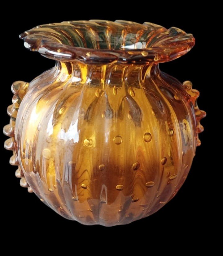 Rare Amber Murano Glass Collector Vase, Barovier Toso, 1950s Venice Italy.