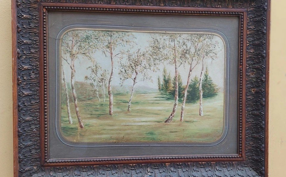 Peinture Antique De Paysage De Campagne Du 19ème Siècle Avec Cadre Pastiglia Original-photo-2