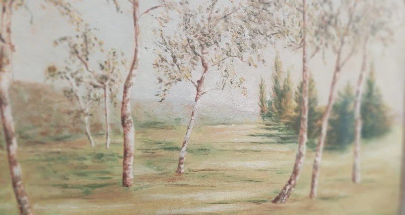 Peinture Antique De Paysage De Campagne Du 19ème Siècle Avec Cadre Pastiglia Original-photo-1