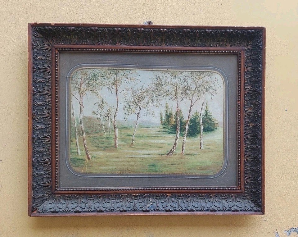 Peinture Antique De Paysage De Campagne Du 19ème Siècle Avec Cadre Pastiglia Original