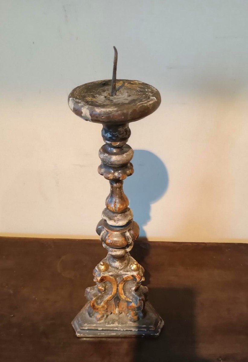 Antique Silver And Gold Lacquered Wood Candlestick Louis XIV Early 18th Century-photo-2