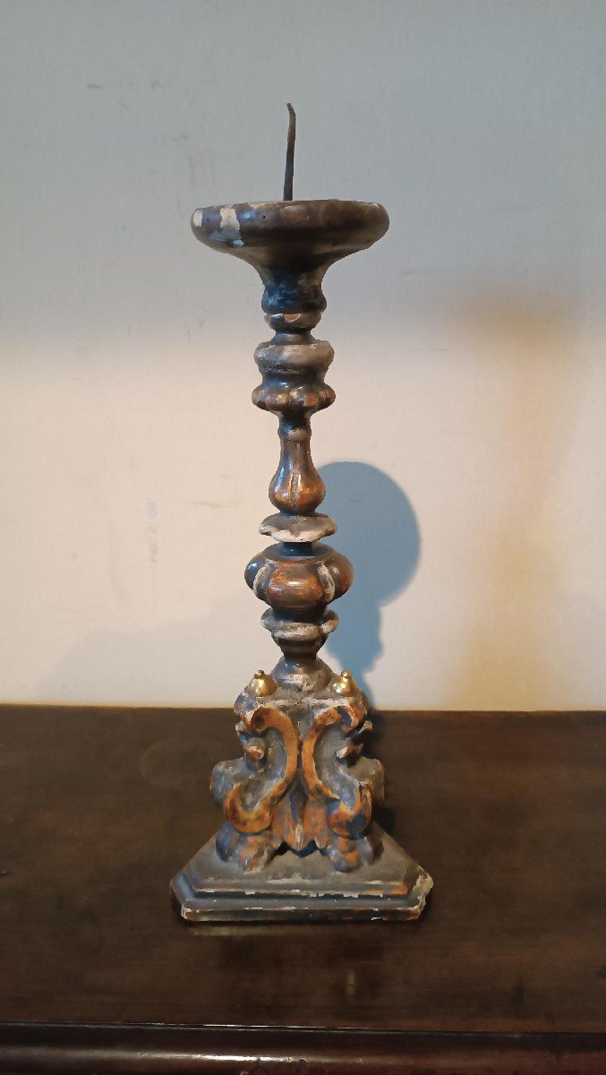 Antique Silver And Gold Lacquered Wood Candlestick Louis XIV Early 18th Century-photo-2