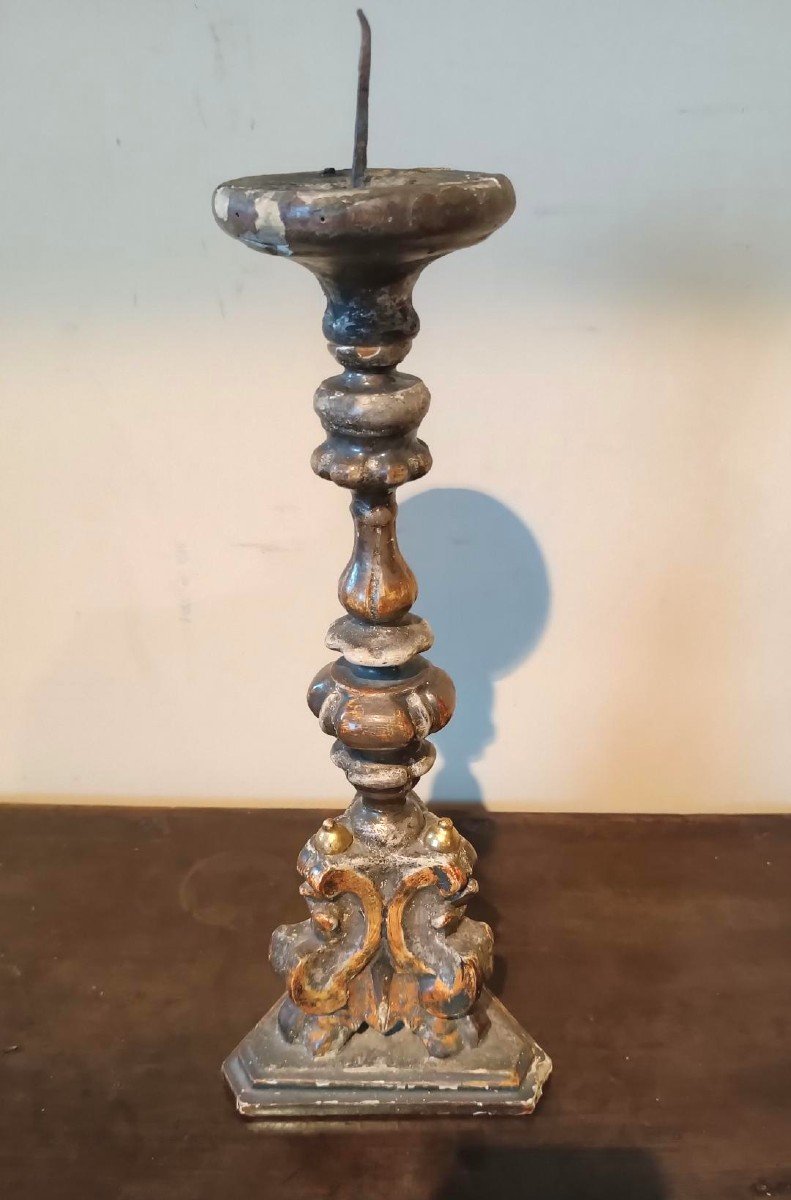 Antique Silver And Gold Lacquered Wood Candlestick Louis XIV Early 18th Century