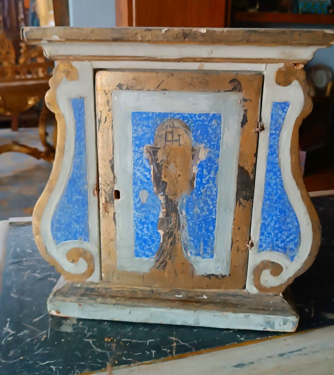 Ancient 18th Century Painted And Gilded Wooden Tabernacle-photo-2