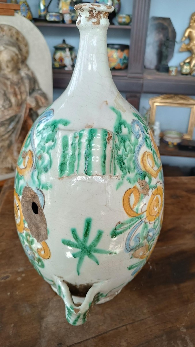 Rare Antique Glazed And Painted Maiolica Flask, 17th Century Southern Italy,-photo-1