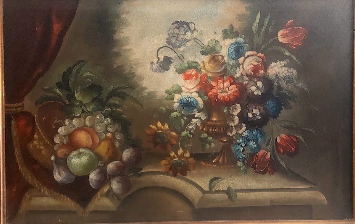 Oil Painting On Canvas Still Life Late With Flowers  First Century Italy-photo-2